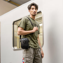 Black Leather Mens Small Belt Pouch Phone Shoulder Bag Belt Bag Side Bag for men