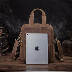 Leather Mens Vertical Work Bag Handbag Brown Vertical Small Briefcase Shoulder Bag For Men - imessengerbags