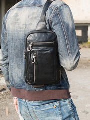 Black Casual Leather Mens 8 inches Sling Bag Chest Bag Black One Shoulder Backpack Phone Bag for Men - imessengerbags
