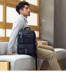 Casual Black Mens Leather School Backpacks Travel Backpacks 14-inch Laptop Backpack for men