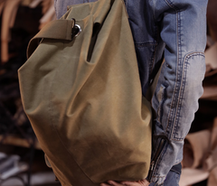 Khaki Canvas Mens Large Backpack Travel Backpack Canvas Barrel Backpack Bucket Backpack For Men - imessengerbags