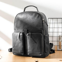 Black Fashion Mens Leather 15-inch Computer Backpacks Black Travel Backpacks College Backpack for men