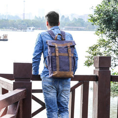 Waxed Canvas Leather Mens 15‘’ Gray College Backpack Travel Backpack Hiking Backpack for Men - imessengerbags