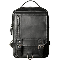 Black Leather Men's 10 inches Sling Bag Computer Backpack Black Travel Backpack Black Sling Pack For Men