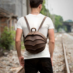 Dark Brown Unique Mens Leather 10-inch Small Backpacks Cool Beetle Backpacks Round Backpack for men - imessengerbags