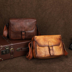 Cool Brown Men Leather Camera Side Bag Tan SLR Camera Leather Cube Messenger bag For Men