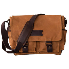 Canvas Leather Mens Large Khaki Side Bag 14'' Brown Messenger Bag Shoulder Bag For Men - imessengerbags