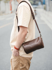 Black Leather Mens Small Casual Bucket Bag Barrel Messenger Bags Brown Postman Bag For Men - imessengerbags