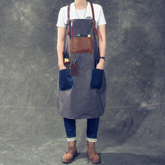 Canvas Leather Mens Womens Blue Craftsman Apron Cafe Staff Apron Work Apron for Men - imessengerbags