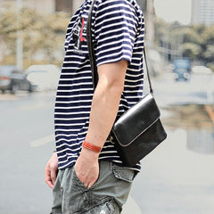 Black Leather Mens Cool Small Courier Bags Messenger Bags Amber Brown Postman Bag For Men - imessengerbags