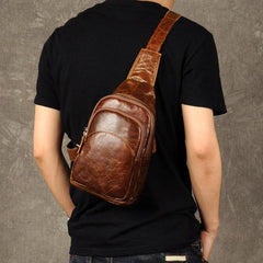 Genuine Leather Mens Cool Chest Bag Sling Bag Crossbody Bag Travel Bag Hiking Bag for men