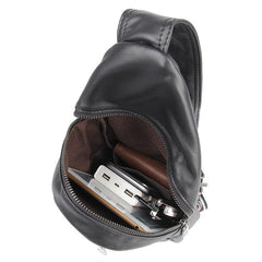 Badass Black Leather Men's 8 inches Sling Bag Chest Bag One shoulder Backpack Sling Backpack For Men
