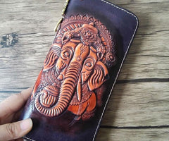 Handmade Leather Ganesha Tooled Mens Long Wallet Cool Leather Wallet Clutch Wallet for Men - imessengerbags