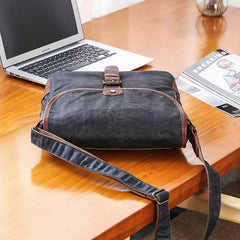 Canvas Mens Small Side Bag 10'' Courier Bag Black Postman Bag Messenger Bag for Men