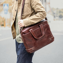 Vintage Maroon Mens Leather Briefcase Work Handbag Brown 14'' Laptop Briefcases For Men - imessengerbags
