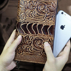 Handmade Leather Mens Tooled Floral Cool Zipper Phone Travel Long Wallet Card Holder Card Slim Clutch Wallets for Men - imessengerbags