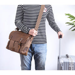 Casual Canvas Leather Mens Khaki Handbag 14'' Side Bag Gray Messenger Bag For Men - imessengerbags