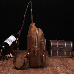 Cool Vintage Brown Leather Chest Bag Sling Bags Crossbody Sling Bag One Shoulder Backpack For Men - imessengerbags