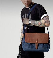 Navy Blue Leather Waxed Canvas Mens Side Bag Messenger Bags Gray Casual Courier Bags for Men