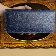 Handmade Leather Floral Mens Cool Travel Long Wallet Card Holder Card Slim Clutch Wallets for Men - imessengerbags