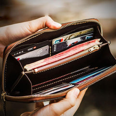 Handmade Leather Tooled Carp Mens Chain Biker Wallet Cool Leather Wallet Long Phone Wallets for Men