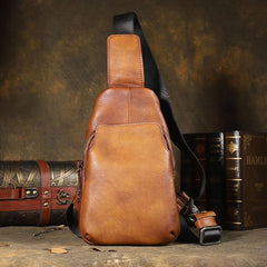 Handmade Brown Leather Mens Sling Bag One Shoulder Backpack Chest Bag for men - imessengerbags