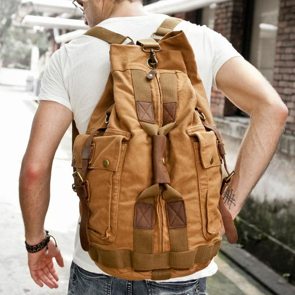 Khaki CANVAS Barrel MENS 20'' Bucket BACKPACK Brown Travel Backpack Khaki One Shoulder Hiking Bag For Men FOR MEN - imessengerbags