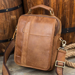 Casual Brown  Leather 10 inches Small Vertical Messenger Bag Crossbody Side Bag for Men