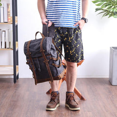 Cool Canvas Leather Mens Womens Dark Gray Backpack Army Green Travel Backpack College Backpack for Men - imessengerbags