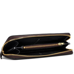 Handmade Leather Mens Clutch Wallet Cool Gold Toad Triped Crow Tooled Wallet Long Zipper Wallets for Men - imessengerbags