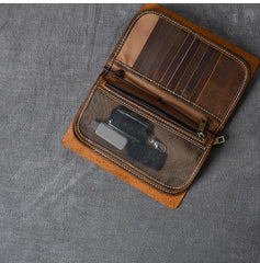 Brown Leather Mens Bifold Canvas Travel Clutch Bag Long Wallet For Men - imessengerbags