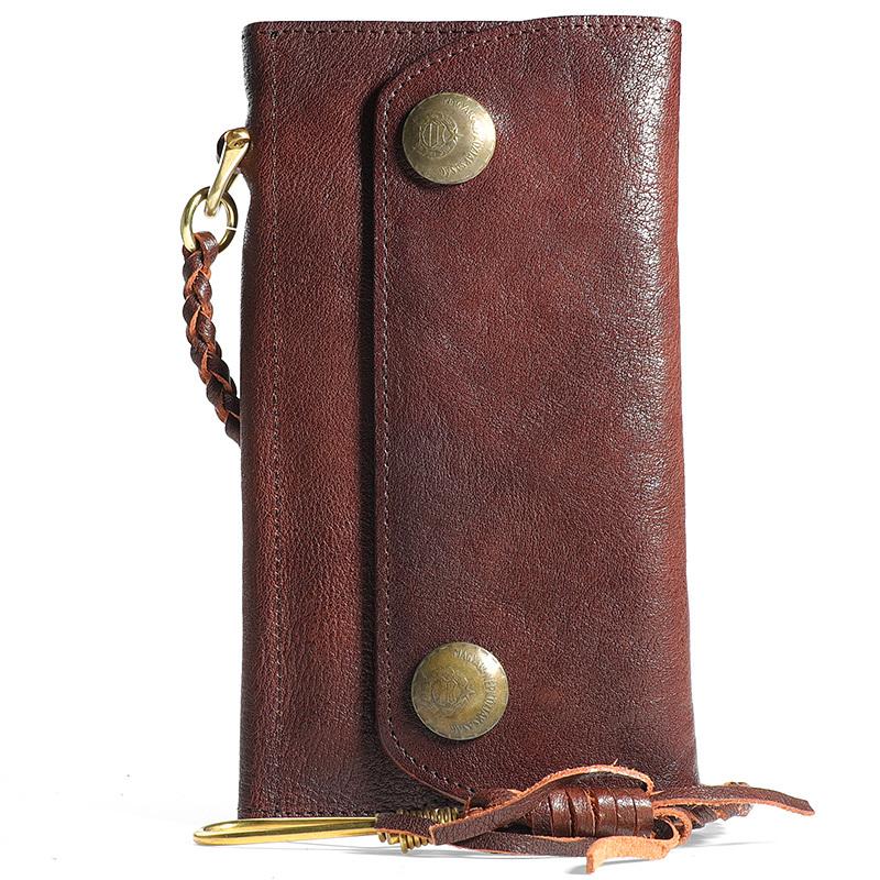 Cool Leather Mens Black Long Chain Wallet Brown Long Trifold Biker Wallet for Men - imessengerbags