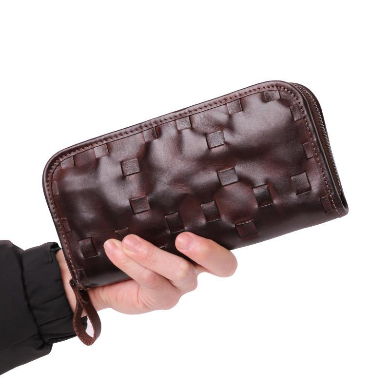 Vintage Brown Leather Men's Clutch Long Wallet Zipper Black Wristlet Wallet For Men - imessengerbags