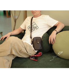Dark Brown Vintage Leather Mens Small Messenger Bag Waist Bag Black Belt Pouch Bag For Men - imessengerbags