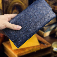Handmade Leather Floral Mens Cool Travel Long Wallet Card Holder Card Trifold Clutch Wallets for Men - imessengerbags