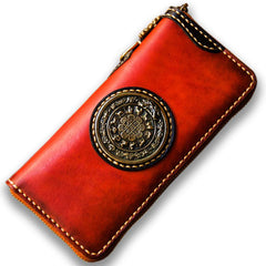 Handmade Leather Tibetan Mens Chain Biker Wallet Cool Leather Wallet Long Clutch Wallets for Men