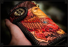 Handmade Leather Tooled Carp Mens Chain Biker Wallet Cool Leather Wallet Long Phone Wallets for Men
