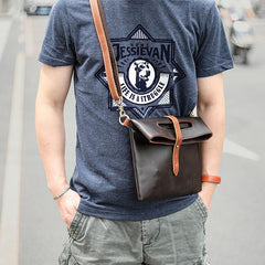 Dark Coffee  Leather Mens Casual Small Side Bags Messenger Bags Brown Postman Bag For Men - imessengerbags