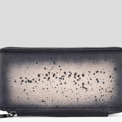Handmade Leather Mens Cool Long Leather Wallet Bifold Zipper Clutch Wallet for Men