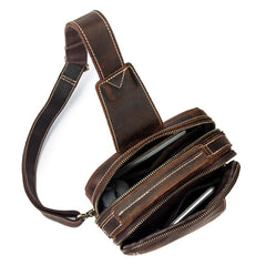 Best Brown Distressed LEATHER MENS Sling Bag One Shoulder Backpack Top Chest Bag For Men - imessengerbags