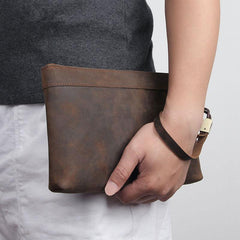 Dark Brown Leather Mens 8 inches Envelope Bag Wristlet Wallet Bag Zipper Clutch Wallet For Men