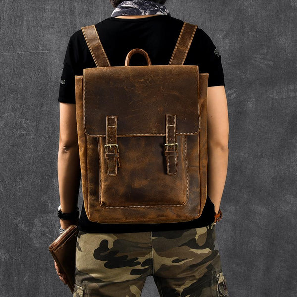 Brown Leather Mens 14" Laptop Backpack Hiking Backpack Travel Backpack College Bag for Men - imessengerbags