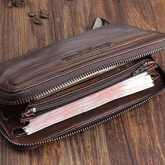 Genuine Leather Mens Cool Long Leather Wallet Zipper Wristlet Clutch Wallet
