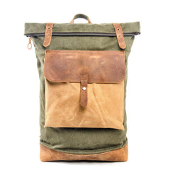Cool Canvas Leather Mens Large Waterproof Green Backpack Travel Backpack Black Computer Backpack for Men - imessengerbags