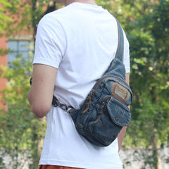 Denim Vintage Blue Messenger Bag Chest Bag Jean Blue One Shoulder Backpack For Men
