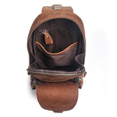 Cool Brown Leather Men's Sling Bag Chest Bag One-Shoulder Backpack For Men