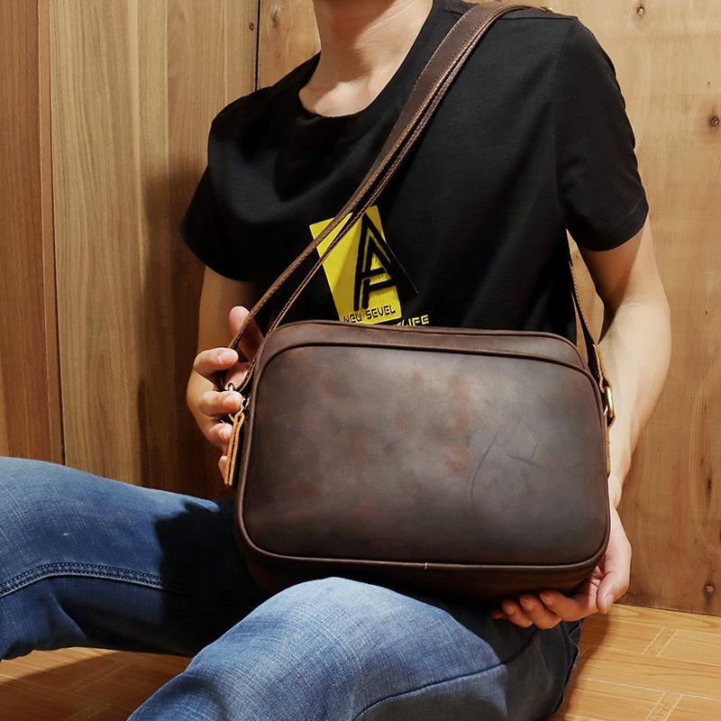 Coffee Leather Small Mens Messenger Bag Side Bag Vintage
