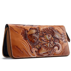 Handmade Leather Tooled Chinese Dragon Tiger Mens Chain Biker Wallet Cool Leather Wallet Zipper Long Phone Wallets for Men