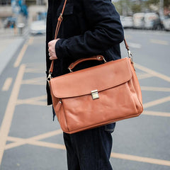 Vintage Light Brown Mens Leather Briefcase Work Handbags Brown 14'' Computer Briefcase For Men - imessengerbags
