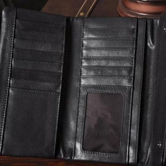 Handmade Leather Mens Cool Long Leather Wallet Trifold Clutch Wallet for Men